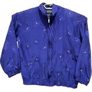VTG Abvien Silk Jacket Women Size S Purple Gold Leaf Print Full Zip Windbreaker
